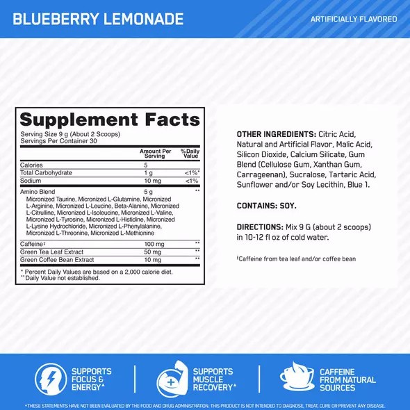 Optimum Nutrition ESSENTIAL AMIN.O. ENERGY® Blueberry Lemonade 0.6 lb (30 Servings) Hrvatska | 57NYJOMFX