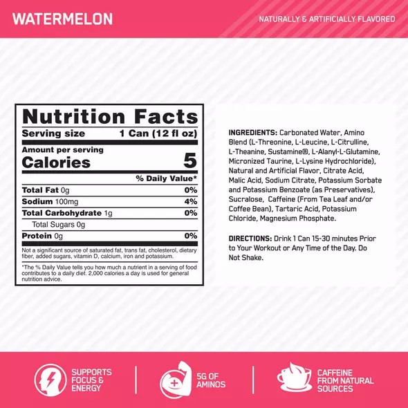 Optimum Nutrition ESSENTIAL AMIN.O. ENERGY+ Electrolytes Sparkling Watermelon 355ml * 12 Cans (12 Servings) Hrvatska | 78NCLXBAF