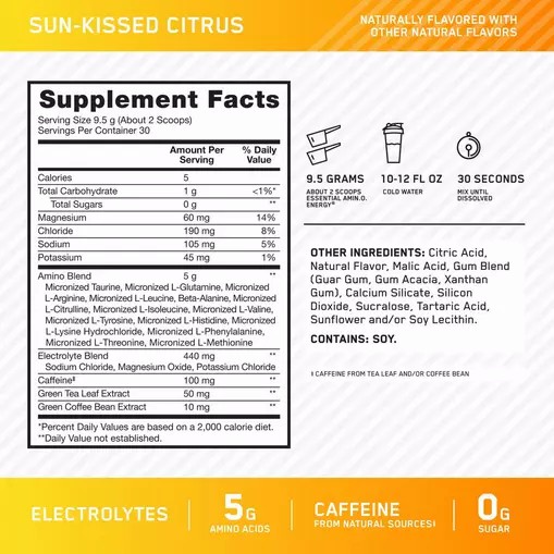 Optimum Nutrition Essential AMIN.O. ENERGY + Electrolytes *new* Sun-kissed Citrus 0.63 lb (30 Servings) Hrvatska | 16FXZMCSY