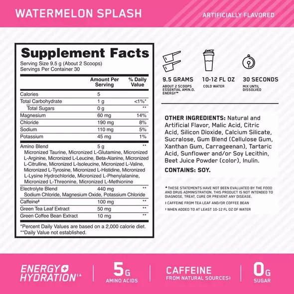 Optimum Nutrition Essential AMIN.O. ENERGY + Electrolytes Watermelon Splash 0.63 lb (30 Servings) Hrvatska | 19DMTZKYX