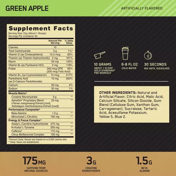 Optimum Nutrition GOLD STANDARD® Pre-Workout Green Apple 0.66 lb (30 Servings) Hrvatska | 80DKYMRSL