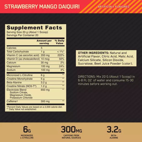 Optimum Nutrition GOLD STANDARD® Pre Advanced Strawberry Mango Daiquiri 0.88 lb (20 Servings) Hrvatska | 19KJULDYG